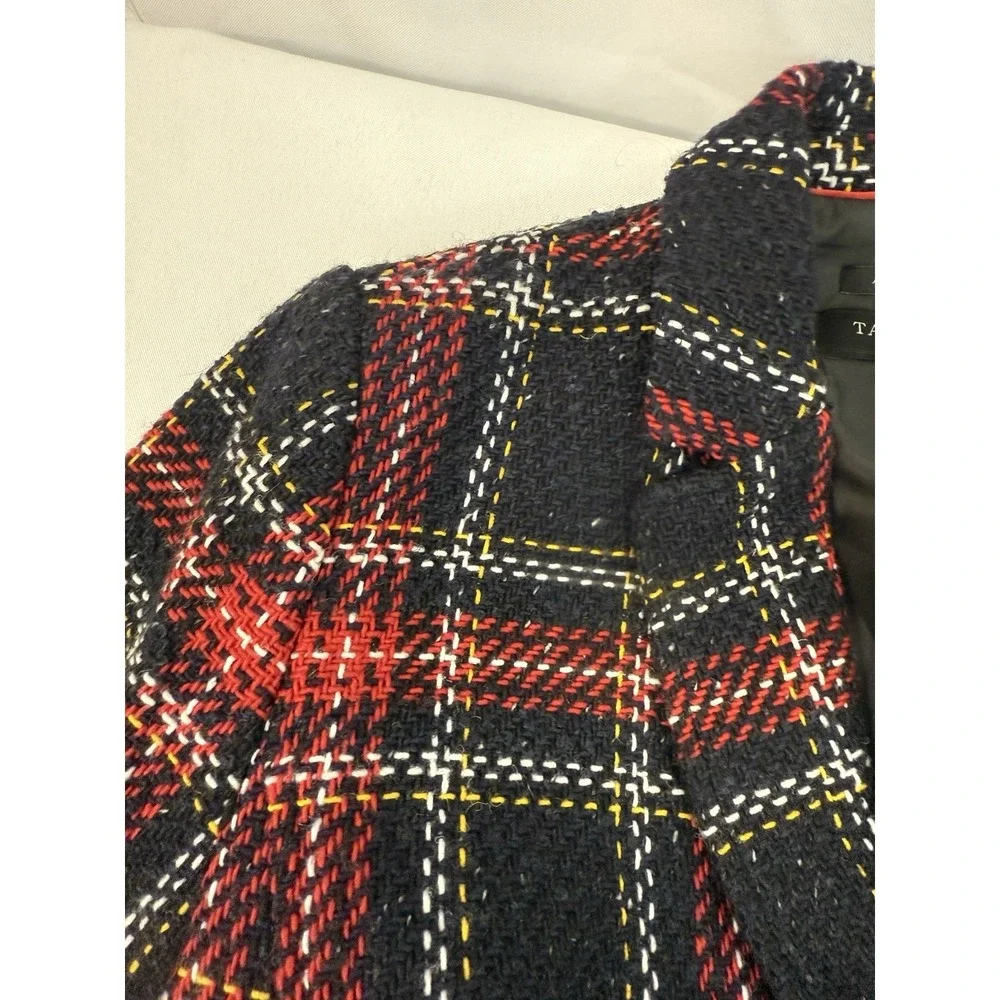 Talbots Aberdeen Plaid Tweed Wool Blend Black‎ Red Blazer Womens Size 12P Petite